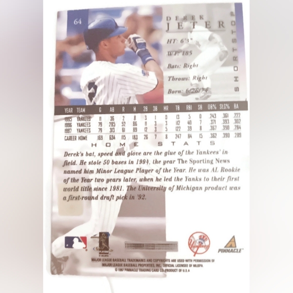 1998 Pinnacle Derek Jeter #64 New York Yankees Baseball Card,Yankees HOF. - Picture 4 of 4
